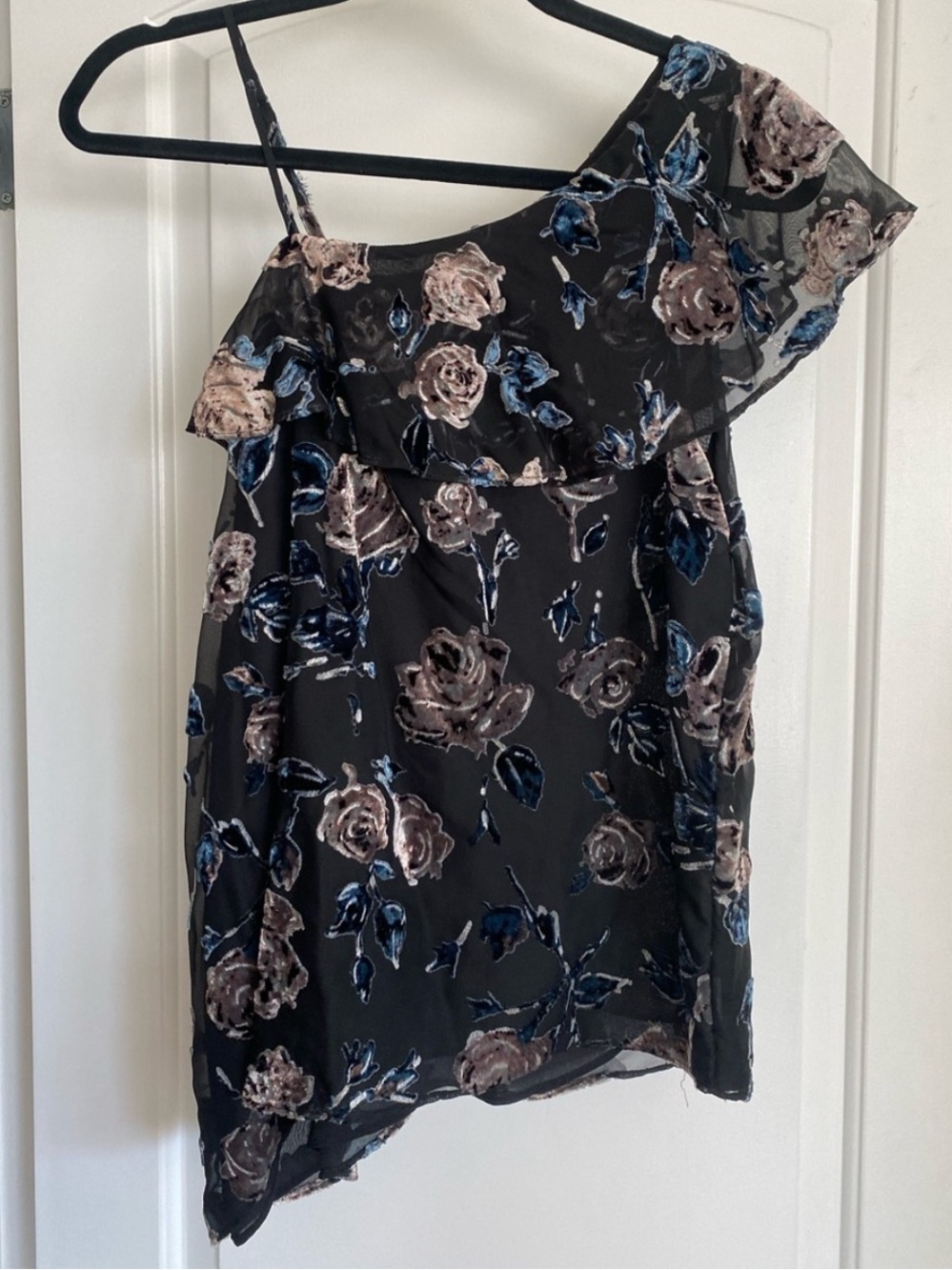 Joie Floral Velvet Burnout Roses Top Asymmetrical One Shoulder Black Sz Small